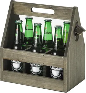 Rustic Gray Wood Beer Bottle Holder 6 Pack Carrier Drink Caddy with Antique Brass Opener and Top Handle Wedding Party Beer Gift