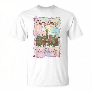 Camiseta de Navidad en París con diseño navideño de la Torre Eiffel y paisaje urbano en colores pastel - Product Image 2