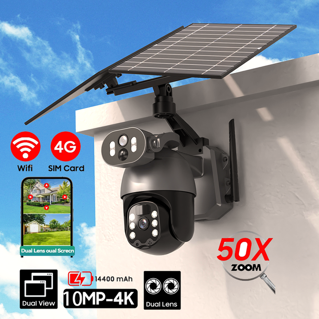 Solar 4G LTE 10MP 50X Zoom Dual Lens Security Camera with Two-Way Audio Auto Tracking Motion Detection Pan-Tilt IP66 Waterproof