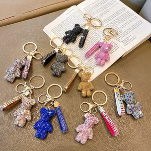 高品质彩色水晶水钻钻石蓝色粉色泰迪熊钥匙扣皮革闪亮动物熊钥匙扣珠光
