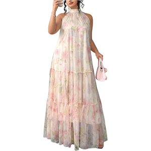 Vestido Maxi Floral para Mujer, Cuello Halter, Gasa, Corte A, Cintura Imperio, Capa Transparente, Vestido de Verano para Vacaciones, Estilo Bohemio - Product Image 1