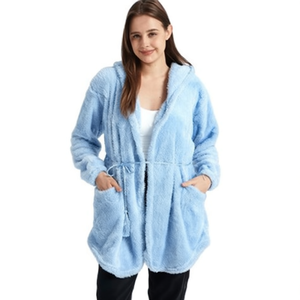 เสื้อโค้ทขนสัตว์เทียมมีฮู้ด แขนยาว มีเข็มขัด กระเป๋าเสื้อ สำหรับฤดูหนาว สไตล์ลำลอง เสื้อคลุมผู้หญิง ผ้าฟลีซหนานุ่ม ถักทอสีพื้น แขนยาวเต็มตัว - Product Image 1