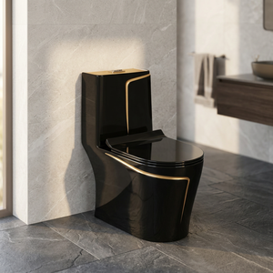 WC monobloc en céramique WaterMark australien, siphon en P, finition noir doré brillant, Chaozhou, à chasse directe - Product Image 1