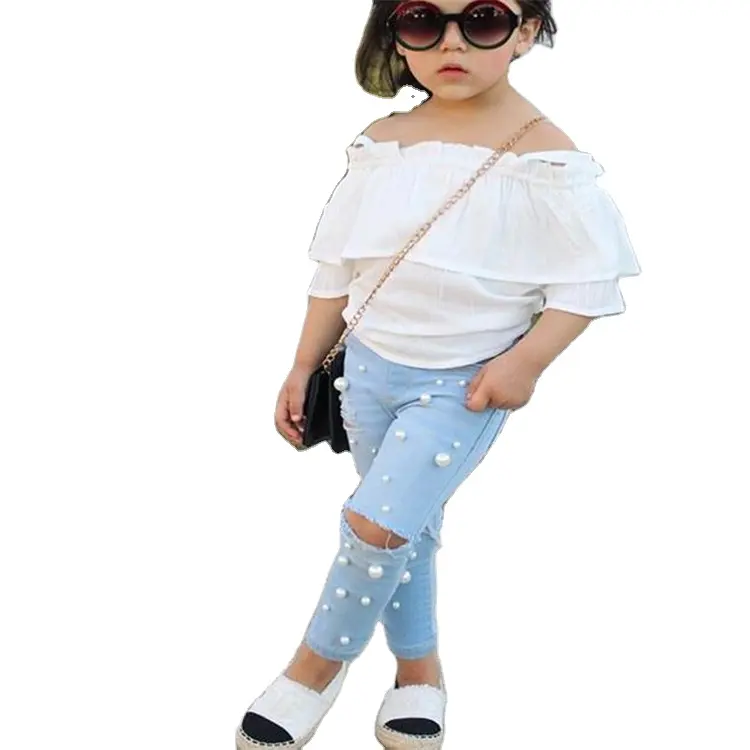 Low MOQ New Arrival Hot Sale Kids High Quality Soft Denim Boutique Pants Casual Beaded Elastic Little Girls Jeans