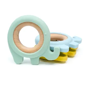 Baby Teethers Sensory Toy Wooden Silicone For Baby Soft Customize Color Elephants Wear Wooden Rings Toys