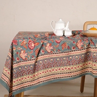 Nappe rectangulaire décorative en pur coton imprimé motif floral bleu pour salle à manger