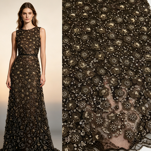 Tissu de dentelle en tulle à fleurs 3D marron <span class=keywords><strong>café</strong></span>, orné de strass et de perles, pour robe de mariée, robe de soirée ou robe de demoiselle d'honneur - Product Image 1