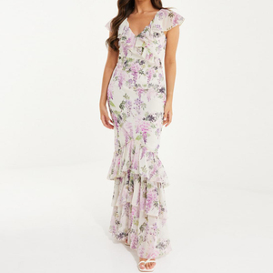 مخصص الصيف عالية مخصر صغير أبيض الشيفون الأزهار زخارف فستان طويل المرأة - Product Image 1