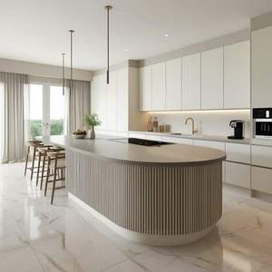 Beyaz Mermer Tezgahlı, Oluklu Kavisli Ada Mutfaklı, El Yapımı Yuvarlak Mutfak Dolabı - Product Image 4