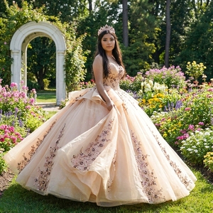 Dy6977 Champagne Gold Quinceanera Chiffon Dress Natural Anti-static Heavy Beaded Glitter Princess Ball Gown Ready Ship for - Product Image 1