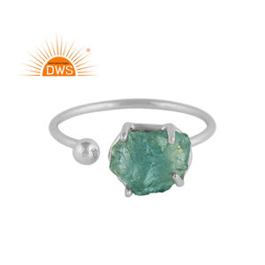 Prong <b>Set</b> Rough Apatite Gemstone Ring Jewelry Wholesale Designer 925 Sterling Fine <b>Silver</b> Open Band Ring - Product Image 1