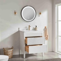 Meuble-lavabo de salle de bain autoportant en bois massif cannelé blanc avec 3 tiroirs, option miroir LED intelligent