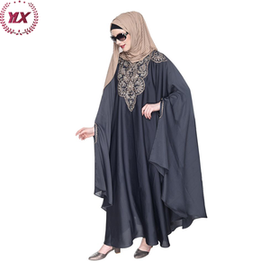 <span class=keywords><strong>Extravagant</strong></span> simple couche à manches longues Robe avant ouvert fil broderie Abaya luxe femmes musulman islamique gris foncé caftan - Product Image 4