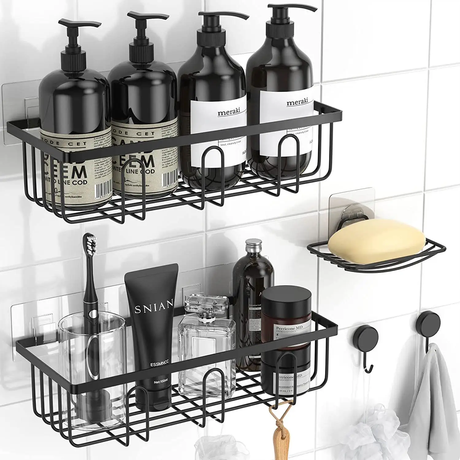 Modern No Drilling Traceless Adhesive Shower Wall Shelves Rustproof Black Storage Organizer With Soap Holder Bathroom Caddy