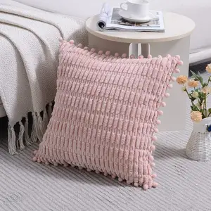 Wholesale Striped Velvet Corduroy Velour Plush Pom Pom Tassel Throw Pillow Case Macrame Fringe Sofa Cushion Cover