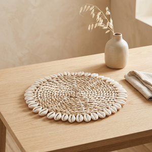 Coaser D 14 cm, centre de table artisanal en jonc de mer et coquillages, design traditionnel, pour Diwali et baptême - Product Image 3