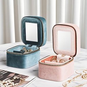 Velvet Rectangular Portable <b>Travel</b> Jewelry Storage Bag Ring Necklace Earrings with Mirror Zipper Solid Pattern Light Luxury - Product Image 4