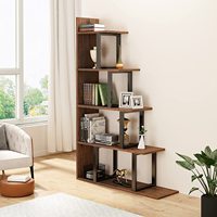 Étagère d'angle en L à 5 niveaux en panneaux de bois, design moderne et antique, meuble de rangement autoportant pour bureau à domicile et salon