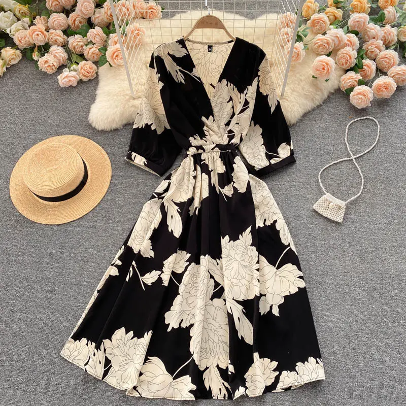 V Neck Elegant Floral Print Slim Waist A-line Dress Women Casual Summer Dresses Clothing