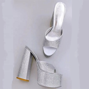 Silver Rhinestone Open Toe Block High Heel <b>Shoes</b> Slip-on Sandals Summer Thick Platform Heeled Slipper for Lady Size 43 - Product Image 5