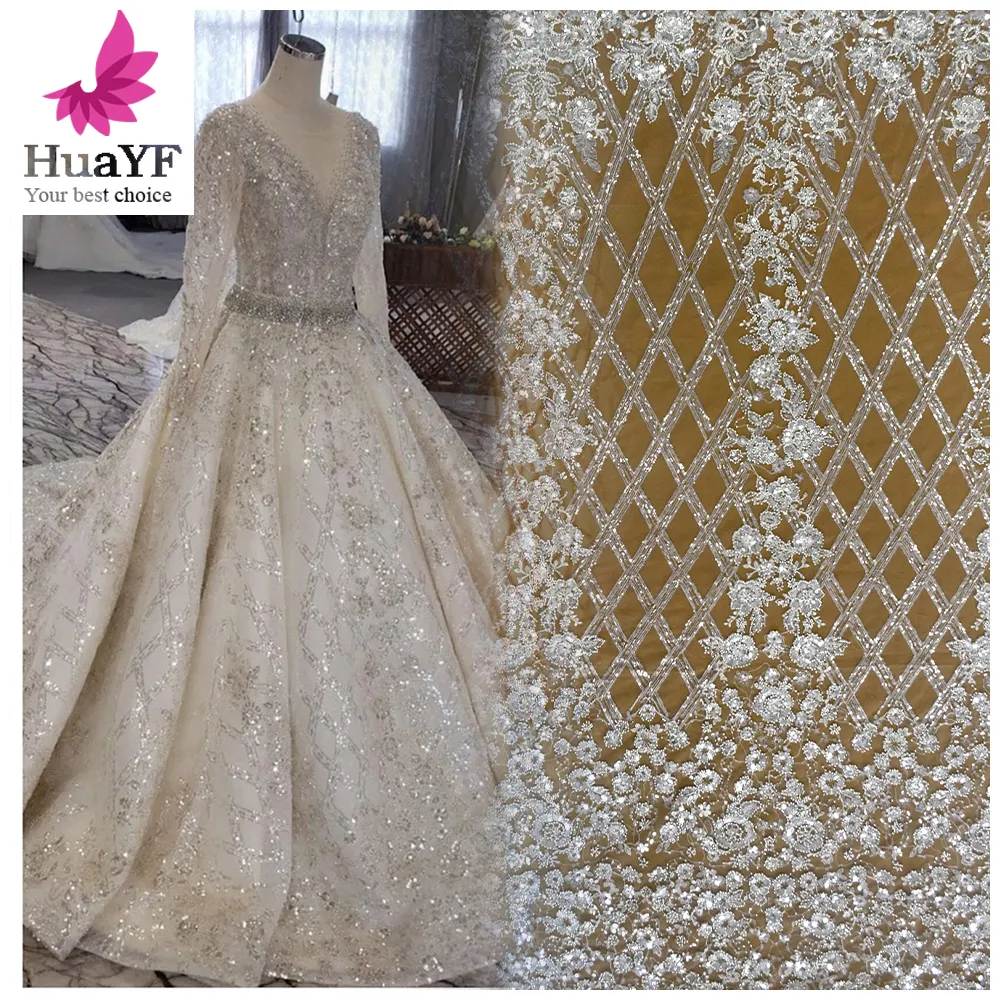 Braut Französisch Spitze Kleid 2021 neue Mode afrikanischen 3d mit Spiegel-Sequenz Hochzeit Perlen Spitze weißen Stoff HY1448-1 Mesh-Stoff