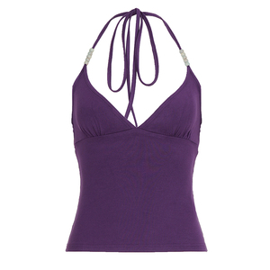 Haut Halter Perlé Col V pour Femme, Coupe Ajustée, Couleur Unie, Bretelles Fines, Tricoté Respirant, Idéal Été Décontracté ou Rendez-vous - Product Image 6