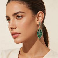 Boucles d'oreilles pendantes Feuille en strass pour femme, en alliage micro-pavé, style bohème, avec gemme verte, pour fête et mariage