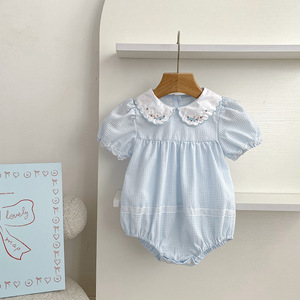 Tutina estiva blu per bambina, ricamata, con colletto Peter Pan, maniche a sbuffo, finiture in pizzo, tutina in cotone, <span class=keywords><strong>body</strong></span> per neonati 0-24 mesi, vestiti per bambini - Product Image 3