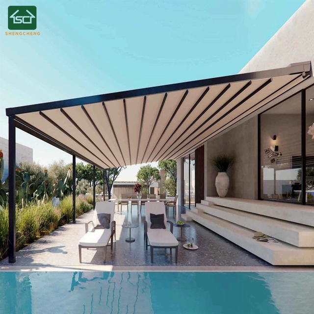 Motorized Pergola Bioclimatic Pergola Aluminium Retractable Roof System Folding Roof with PVC Fabric