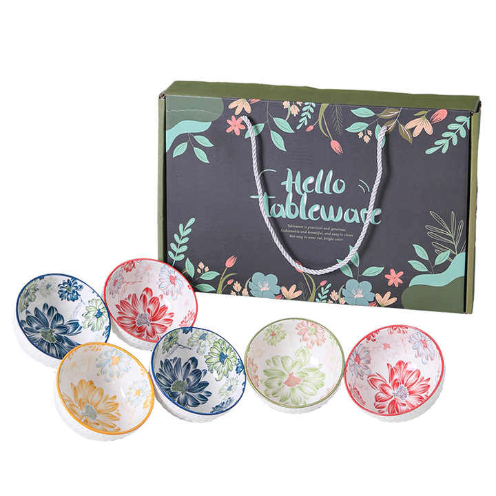 4.5inch Bohemian Ceramic Bowls with Plates Chopsticks Set Moroccan Porcelain Bowl Set Rice Bowl for Gift OEM LOGO
