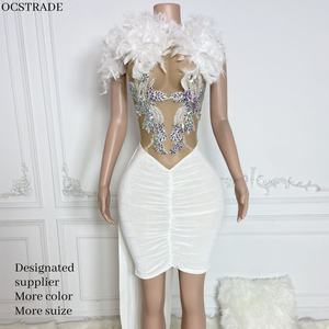MF Stock Women Summer Sleeveless White Feather Crystal Empire Waist Mini Sexy Bodycon Breathable Jersey Club <b>Dress</b> Velvet - Product Image 1