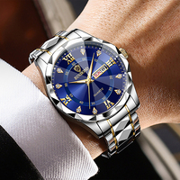 Jam Tangan Quartz Bisnis Pria BINBOND dengan Casing Berbentuk Multi-faceted, Dial Sunburst Berwarna Biru, Jam Tangan Mewah Dua Warna untuk Pria.