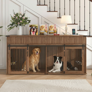 Furniture Style Double Dog <b>Crate</b> 71'' Walnut Woodgrain Top 3 Drawers Large Kennel Pet Furniture - Product Image 1