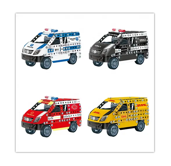 Bloques educativos de juguete 3D Diy Montaje de bloques de construcción de Metal juguetes ambulancia policía entrega coche de juguete para niños jugar