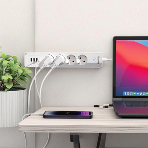 EU Switch Power Strip with 3 USB 1 Type-C Ports 1.4m Cable Multiple Socket Portable EU <b>Plug</b> Standard 4 AC Outlets - Product Image 1