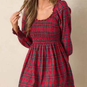 Vestido Mini de Manga Larga a Cuadros Rojos de Algodón, Moderno, para Mujer, Verano, Navidad - Product Image 4