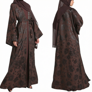 Abaya Kimono de Luxe Beige Sable Texturé Effet Froissé Manches Longues Modeste pour Mariage Musulman Robe Longue Vintage pour Adultes Été - Product Image 1