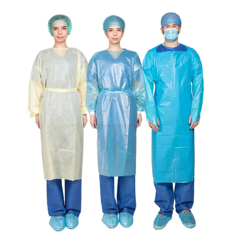 Tek kullanımlık CPE PE ziyaret elbisesi/plastik önlük mavi plastik cerrahi olmayan CPE izolasyon önlüğü hastane için
