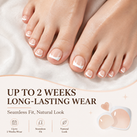 Lot de 32 faux ongles de pieds classiques français à presser, imperméables, courts, carrés, rose transparent, pour pédicure, à coller sur les orteils