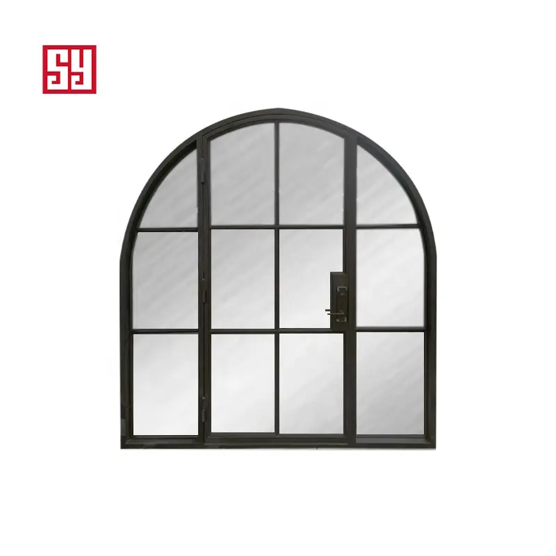 Porta de vidro de ferro forjado arcada larga popular, porta estreita de estilo francês, design gráfico de aço com acabamento para o pátio