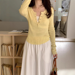 Top de punto para mujer, manga larga, color liso, con botones, corte ajustado, capa base de primavera, amarillo, blanco, gris, verde - Product Image 1