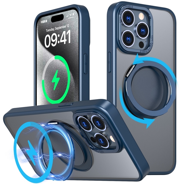 Shockproof Metal Lens Protective Kickstand Ring Holder PC TPU Magnet Mobile Phone Case for iPhone 15 Pro Max