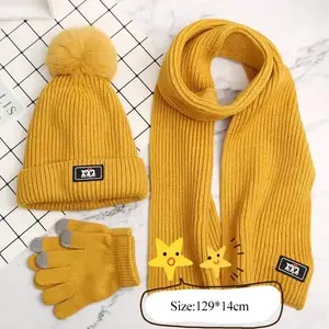 New Custom 2023 Acessórios para crianças 3pcs Infantil Baby Hat Scarf Set Outono Inverno Quente Criança Malha Hat Cap Mittens Set Acrílico