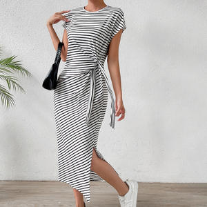 Nouvelle Robe Midi d'Été Respirante Coupe Droite Taille Haute Col Rond Fendue avec Lacets - Product Image 6