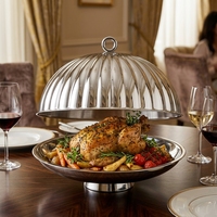 Plateau de service en acier inoxydable poli miroir avec couvercle en dôme, plateau de présentation alimentaire pour hôtel, restaurant, traiteur, fête