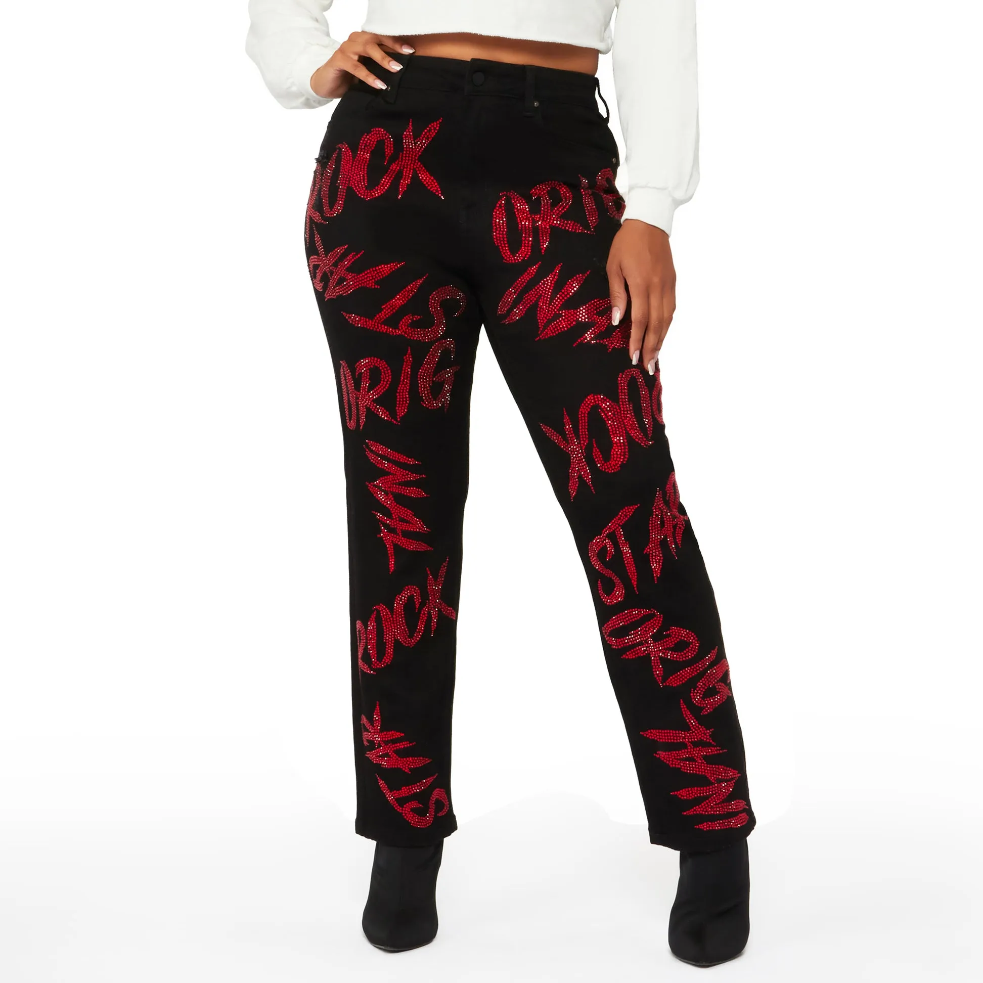 Yeni stil Hip Hop bayan Baggy yığılmış bacaklı lazer baskı Denim pantolon kadınlar için taklidi kot