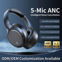 Casque sans fil J28S BT 6.0 avec 70H d'autonomie, réduction active du bruit (ANC), écouteurs supra-auriculaires avec 5 micros et haut-parleur de 40 mm