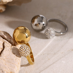 PVD Gold Stainless Steel Adjustable <b>Open</b> <b>Ring</b> for Women | Paved Crystal Ball & Polished Sphere | Waterproof & Hypoallergenic - Product Image 3