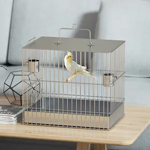 Vente en gros Cages d'élevage d'oiseaux Cage à oiseaux petit perroquet en acier inoxydable avec support et deux gobelets