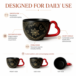 Mug en céramique personnalisé sur mesure, noir mat, avec gravure d'étoiles et de lunes célestes, poignée en forme de cœur rouge, cadeau original pour la Saint-Valentin - Product Image 3